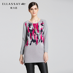 【新品】ELLASSAY歌力思2016冬季女装欧美街头印花中长款羊毛衫