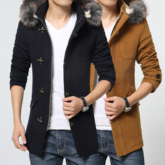 冬韩版修身男风衣中长款青年毛领加厚羊毛呢大衣男装外套英伦大衣