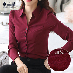 新款韩版V领加绒衬衫女长袖保暖职业装修身打底衬衣加厚正装上衣
