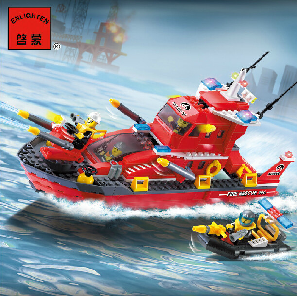启蒙消防系列拼装益智玩具 拼插积木模型906消防船高速喷水消防艇