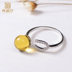 美福记正品天然无优化活口琥珀戒指 女士925银水钻镶嵌蜜蜡戒指