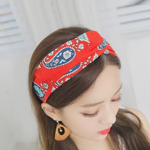 韩国发饰刺绣风印花交叉宽边发带