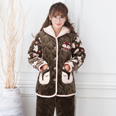 秋季冬款三层加厚夹棉睡衣女士韩版长袖开衫保暖家居服两件套装