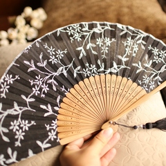 女扇 江户日式折扇 日本和风扇子 棉麻 可爱 黑色小叶子