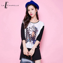 拉夏贝尔 秋新款 创意人像印花宽松五分袖T恤 女10006274