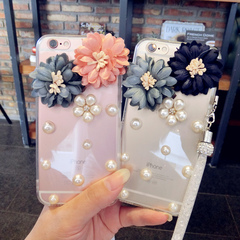 新款苹果6s手机壳软胶iphone6plus女挂绳镶钻珍珠花7保护套