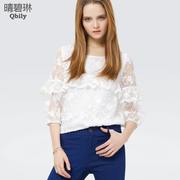 Fine bi 205 Catherine women|s spring new Korean sweet round neck cropped bubble sleeve flounce cropped lace shirt 