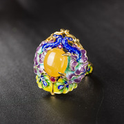 Ms Tai 925 Silver cloisonne Peacock burning wax ring, gold-plated blue flower ring woman