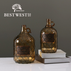 欧式复古手工创意棕色半透明玻璃大花瓶插花家居酒吧装饰品摆件