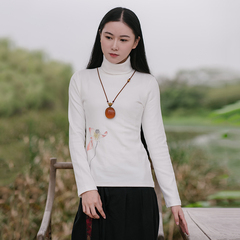 秋冬新款中式手绘荷花禅服女针织棉高领打底衫针织衫SY35