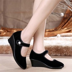 老北京布鞋女式单鞋子中跟工装舞蹈鞋黑色布鞋搭扣坡跟酒店工作鞋