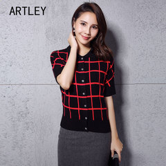 Artley 2015秋冬新款条纹短袖羊绒衫 女士复古前卫厚款纯羊绒开衫