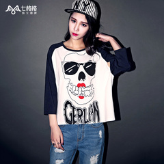 Seven space space OTHERMIX2015 new skull printed flower sleeve spring two baggy t shirt women