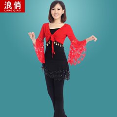 浪俏广场舞套装披肩服装秋冬季新款女士舞蹈演出服长袖上衣喇叭袖