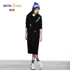 WITHSONG/唯颂2016秋季新品 欧美羊毛绣花中长裙宽松黑色女连衣裙