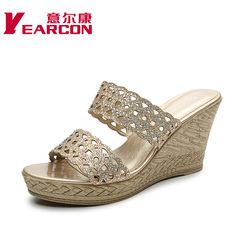 YEARCON/er Kang shoes new genuine 2015 summer slippers with Rhinestones high heel women slippers