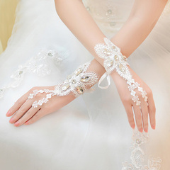 韩式新娘手套绑带白色结婚婚纱长款镶钻蕾丝绣花钉珠露指婚礼手套