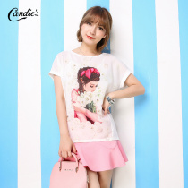 拉夏贝尔2015夏新款时尚人物印花图案拼接短袖T恤 女30005071