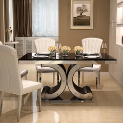 蓝澜后现代餐桌椅组合现代小户型饭桌长方形方桌钢化玻璃吃饭餐桌