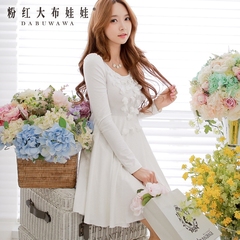 Long sleeve dress pink doll summer 2015 new white/flower waist slimming dresses