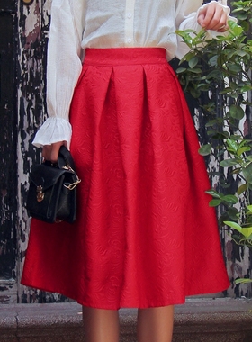 ins超火的半身裙女复古高腰赫本小红裙中长款百褶a字大码蓬蓬伞裙