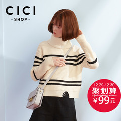 CICISHOP2016秋冬新款针织毛衣女套头复古百搭高领条纹毛衣女7473