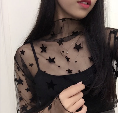 春季新款性感透视上衣 网纱打底衫女长袖透明t恤半高领蕾丝内8602