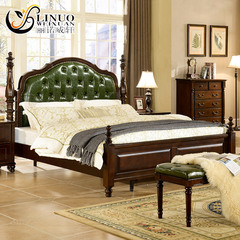 丽诺威轩 实木床 实木美式床 欧式双人床 1.8米带皮质软靠实木床