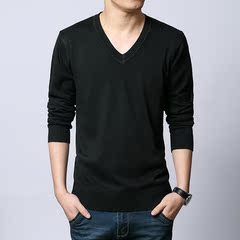 2015时尚男士秋装韩版加大码 纯色V领针织衫毛衣潮男黑色