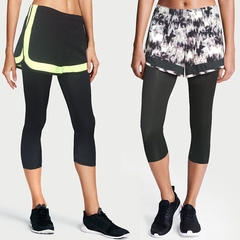 女子跑步健身瑜伽运动假两件七分裤吸湿排汗运动七分裤假两件套新