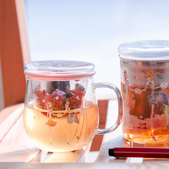 多样屋 玻璃茶隔杯子 闺蜜印花带盖过滤花茶水杯 防烫蘑菇玻璃杯