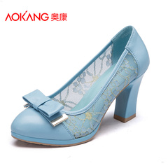 Aokang shoes new style elegant NET yarn low in the spring round head shoe leather high heel bow women's shoes