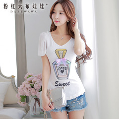 T-girl big pink doll summer 2015 new female epoch spell chiffon sequin embroidered slim fit women's t shirt