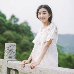 日系森女款彩线绣花棉麻短袖衬衫女士圆领套头打底T恤衬衣夏季新