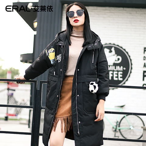 艾莱依2016商场同款小黄人长款女白鸭绒连帽羽绒服16182-FDAA-Q