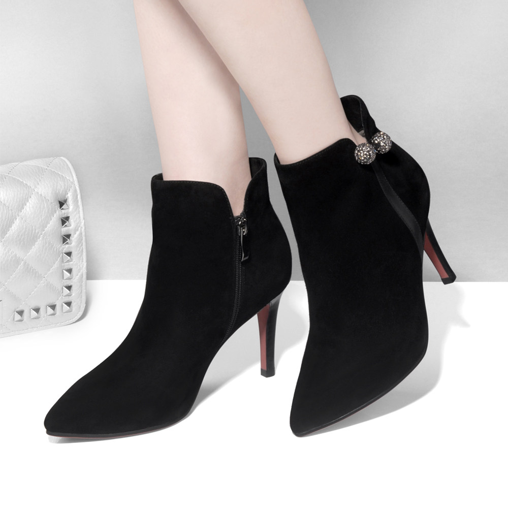 高跟尖头短靴女欧美英伦风秋冬性感女靴拉链马丁靴子真皮磨砂踝靴