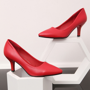 高跟鞋细跟韩版尖头鞋3-5厘米单鞋红色婚鞋软皮鞋上班工作女士潮