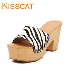 KISSCAT kissing cat new Leopard high heel sandals and slippers women's summer stitching thick-bottomed women sandals