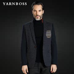 YARNBOSS男装 中年男士休闲修身金丝绒拼接羊毛呢西服西装外套 男