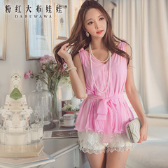 Chiffon shirt girls big pink doll summer 2015 temperament wrinkled chiffon sleeveless shirt new tide