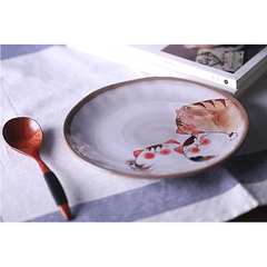 日本 波佐见烧手绘工艺 彩陶可爱创意 招财猫餐具 8英寸平盘浅盘