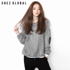 Shezglobal韩国SZ镂空宽松毛衫女肘补丁圆领长袖针织打底衫毛衣潮