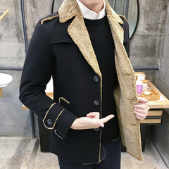 冬季青年毛呢大衣男潮大学生韩版风衣皮毛一体修身西装领男装外套