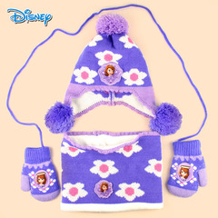 儿童帽子围巾手套冬季三件套装迪士尼韩版女童保暖毛线宝宝针织帽