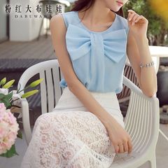 Female summer pink sleeveless shirt big rag doll 2015 new blue bowknot Joker sleeveless shirt