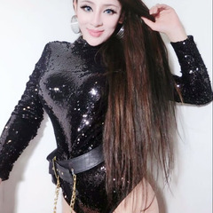 欧美新款DJ女歌手时尚爵士舞台ds演出服装夜店性感亮片黑色连体衣