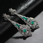 Very natural green agate earrings 925 Thai Thai Silver Earring Tremella decorated female European fashion retro technology