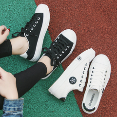 学院白色帆布鞋女系带百搭小白鞋女平底学生韩版2016新款黑色布鞋