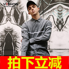 viishow2016秋装男士长袖衬衫拼接方领衬衣条纹寸衫青年潮衣服