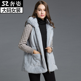 奢姿旗舰店2015冬装新款胖MM加肥加大码女装麻花针织袖连帽大衣拉链毛绒外套